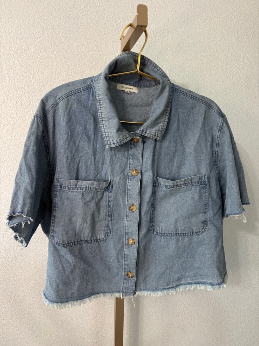 No Comment Light Wash cropped Denim Shirt- Size XL